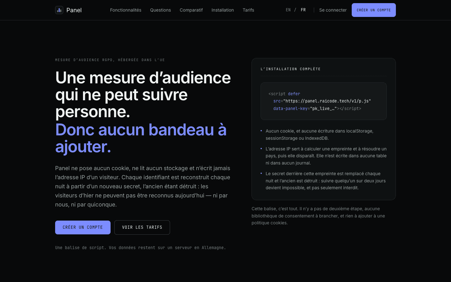 Page d’accueil de Panel : la balise de script à installer et les garanties de confidentialité